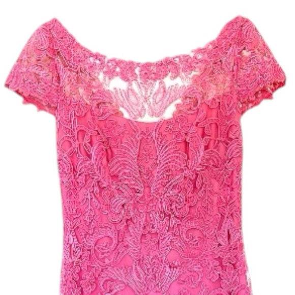$458 Tadashi Shoji Lace + Corded Embroidery Evening Gown 4 Pink Boat Neck NWT - Picture 3 of 15